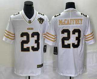 Men%27s San Francisco 49ers #23 Christian McCaffrey White 75th Patch Golden Edition Stitched Nike Limited Jersey Dzhi